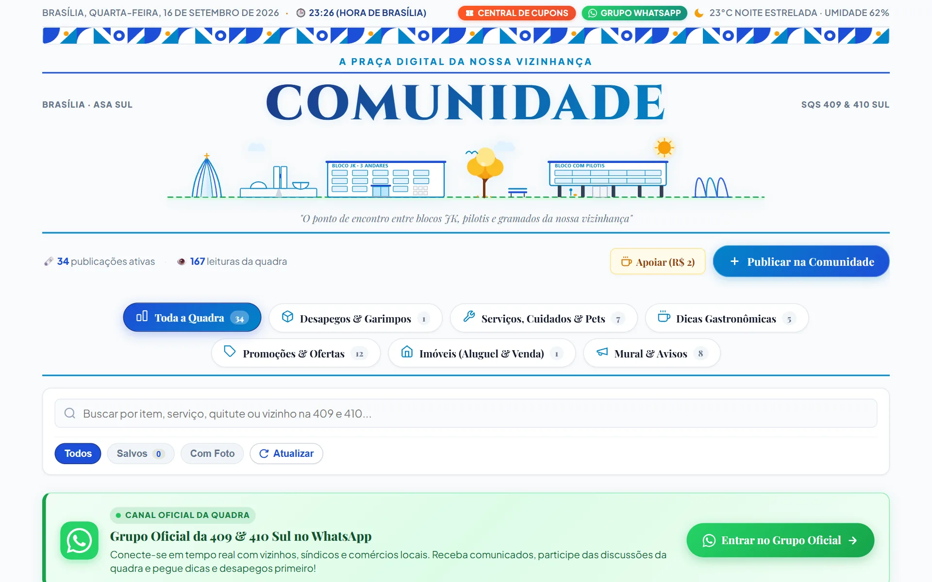 Interface real da plataforma Comunidade 409/410 Sul