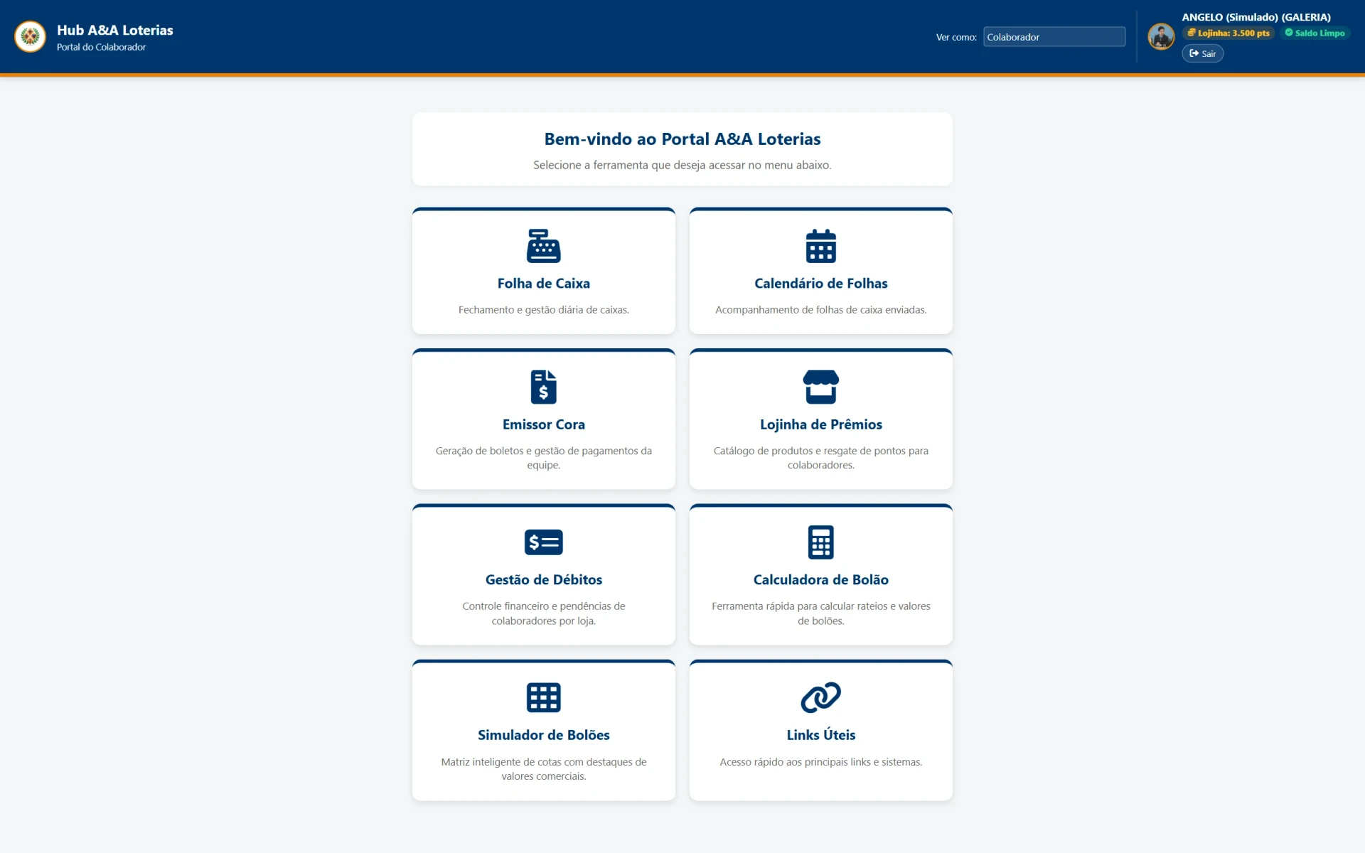 Interface real da plataforma SuperApp Loterias